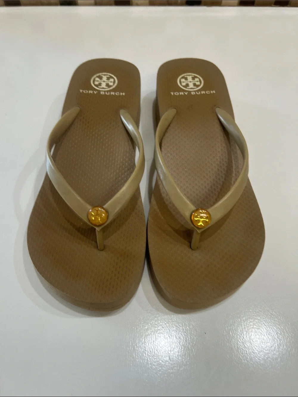 Tory Burch Beige Logo Flip Flop Sandals